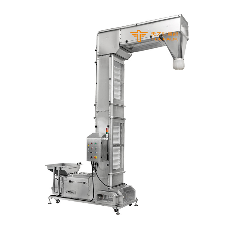 Vervoermachines voor het vervoer van schalen van het type Z-type Lift van roestvrij staal Neigend schalenliftvervoer voor vleesbevroren voedsel
