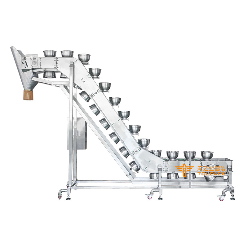 Vervoermachines voor het vervoer van schalen van het type Z-type Lift van roestvrij staal Neigend schalenliftvervoer voor vleesbevroren voedsel