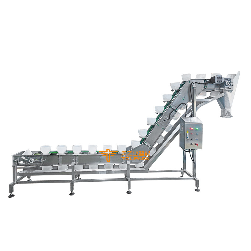 Vervoermachines voor het vervoer van schalen van het type Z-type Lift van roestvrij staal Neigend schalenliftvervoer voor vleesbevroren voedsel