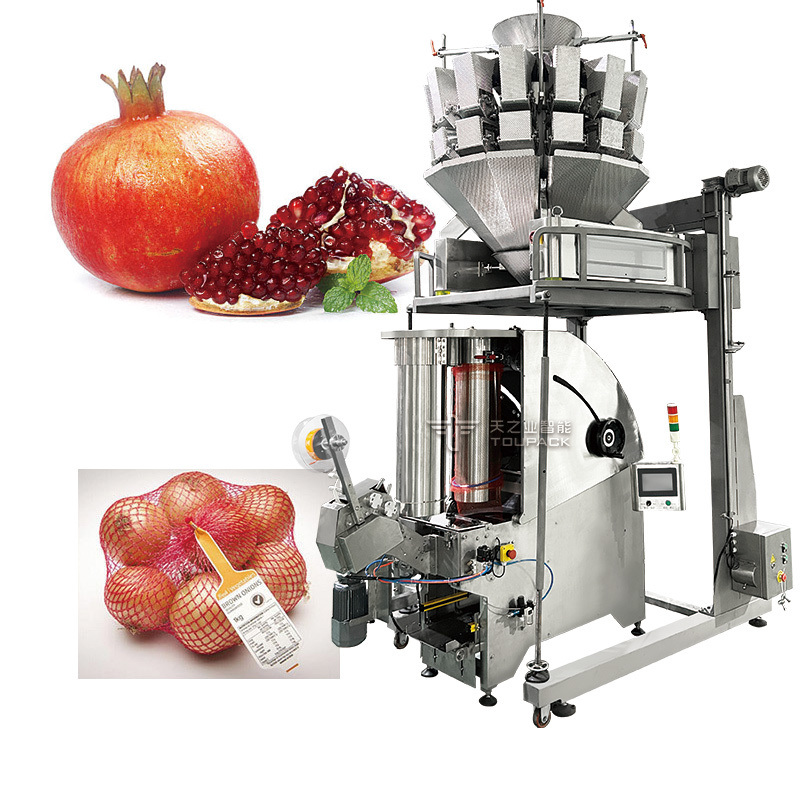 Uien knoflook en aardappel verpakkingsnet zak maken machine verpakkingsmachine automatische gaas netzakken mutihead weiger vulmachine